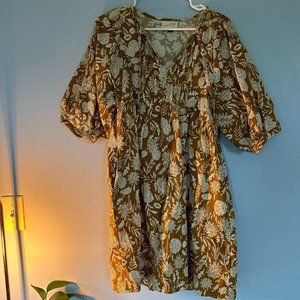 Mustard bell-sleeved patterned dress
